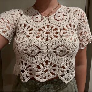 White Cropped Crochet Blouse with Cut Out Design